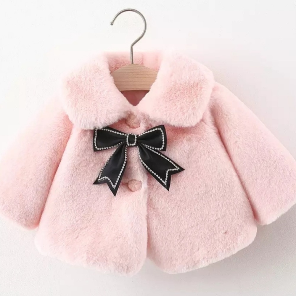 Faux fur clip on Rhinestone bow girls coat : pink
